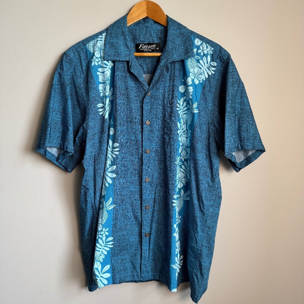 Favant Men's Tropical Hawaiian Button Up V-Neck Short Sleeve Shirt Blue XL Dad